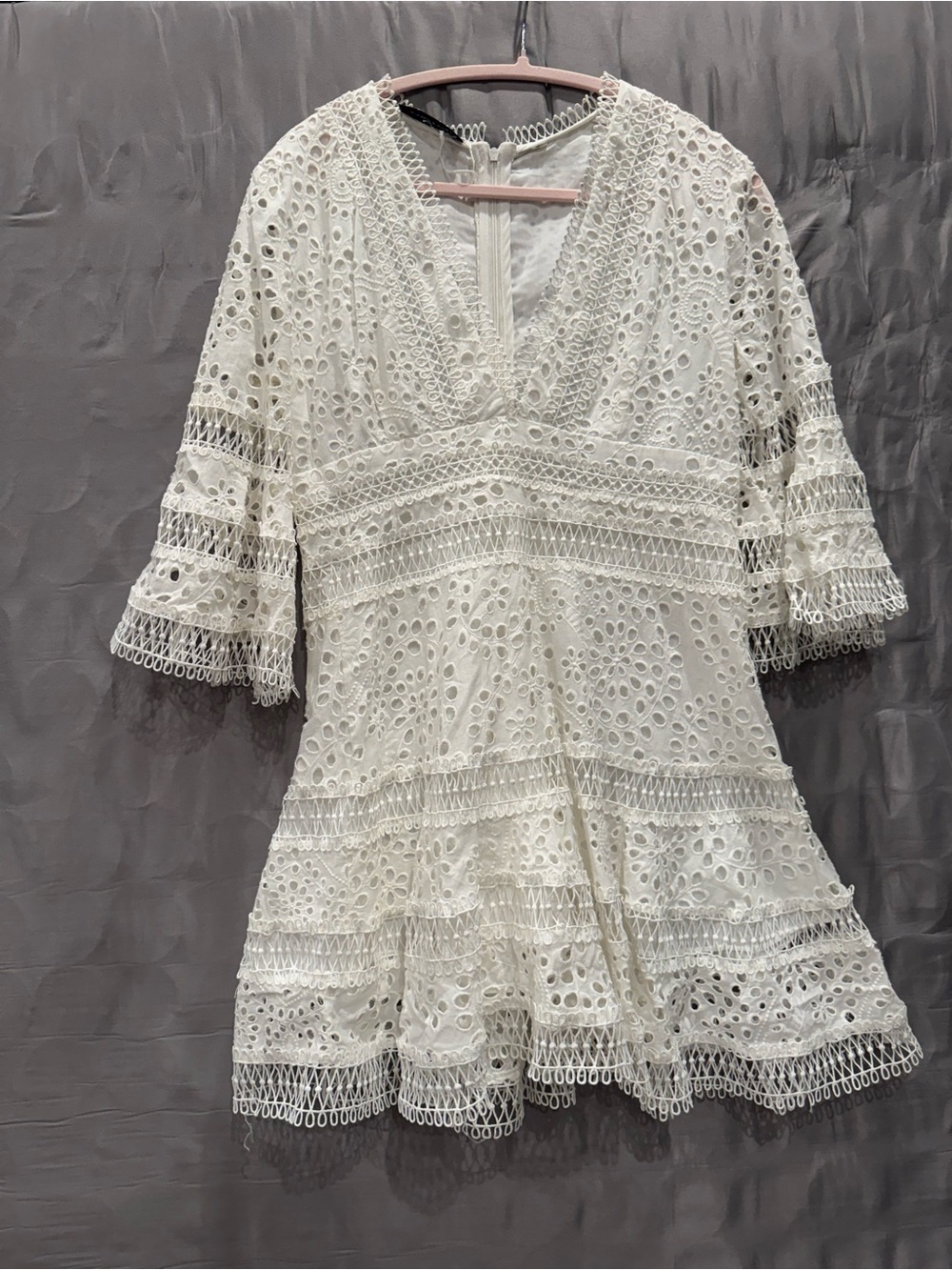 White Eyelet Lace V-Neck Mini Dress